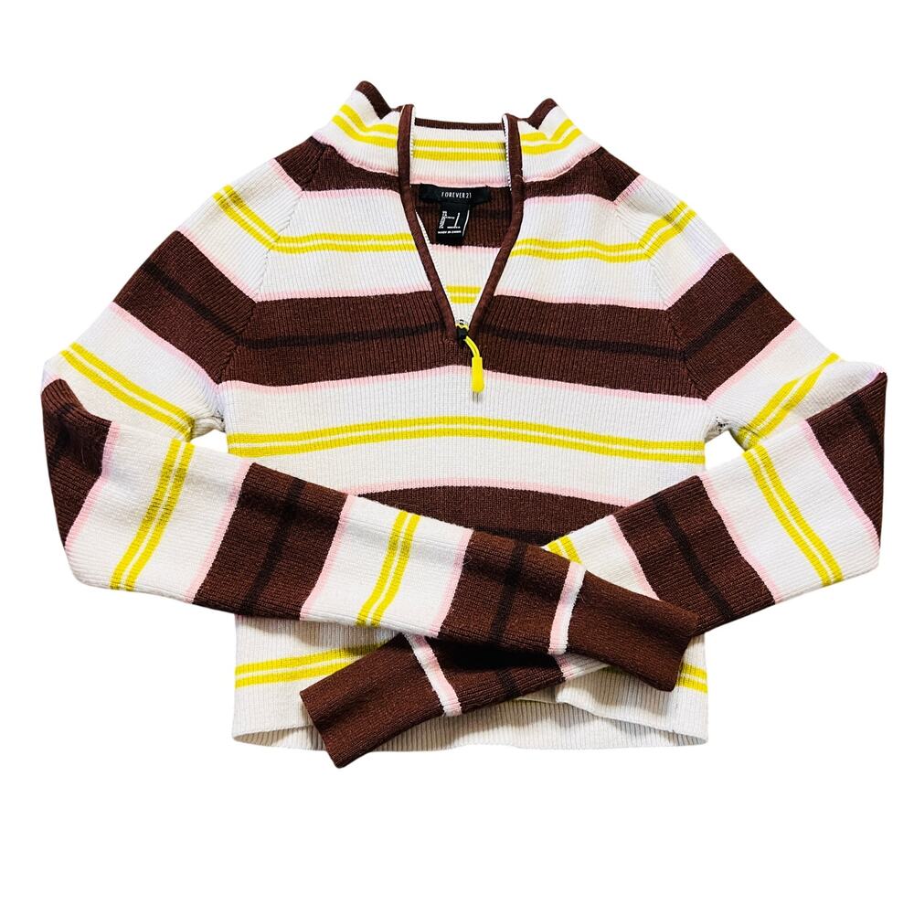 Y2K Forever 21 Pink Green Brown Stripped Ribbled Long Sleeve 1/4 Zip S